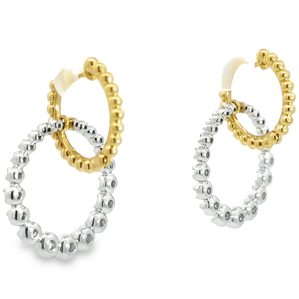 14K Gold Two-Tone Beaded Huggie Diamond Drop Earrings - Image 5